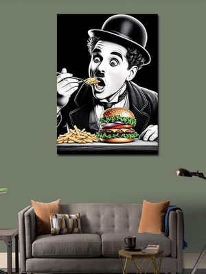 Karizma Tablo Kanvas Tablo Hamburger Yiyen Charlie Chaplin