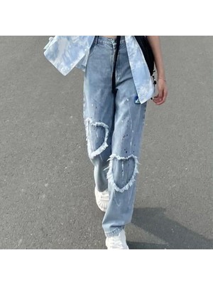 Köstebek Mavi Jean Heart Vintage Baggy Kot Pantolon