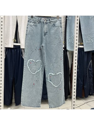 Köstebek Mavi Jean Heart Vintage Baggy Kot Pantolon