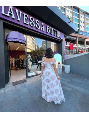 Lavessa Şerit Geçişli Şifon Elbise - Beyaz