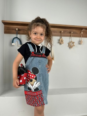 Minizade Minnie Mouse Baskılı Kapüşonlu Tişörtlü Kot Jile Çantalı 3'lü Set Elbise