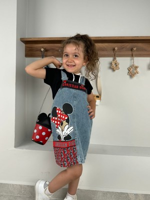 Minizade Minnie Mouse Baskılı Kapüşonlu Tişörtlü Kot Jile Çantalı 3'lü Set Elbise