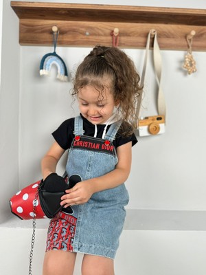 Minizade Minnie Mouse Baskılı Kapüşonlu Tişörtlü Kot Jile Çantalı 3'lü Set Elbise