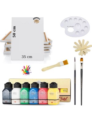 Glanart Lüks Akrilik Boya Seti 6X75 ml Artdeco Lu Set Ipek Fırçalı + 35X50 Tuval Sanatsal Set Canlı Renkler