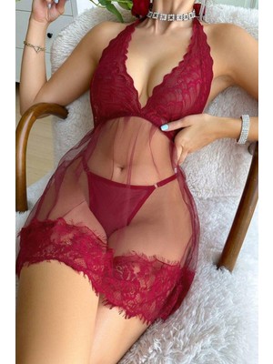 Secret Dream Bordo Love Model Boyundan Bağlamalı Gecelik