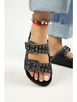 Manijero Sasha Kadın Deri Deri Çift Tokalı Troklu Siyah Terlik