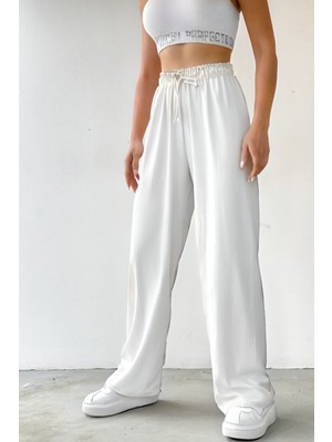 Yakamel Kadın Beli Lastikli Yazlık Dokulu Bürümcük Palazzo Pantolon