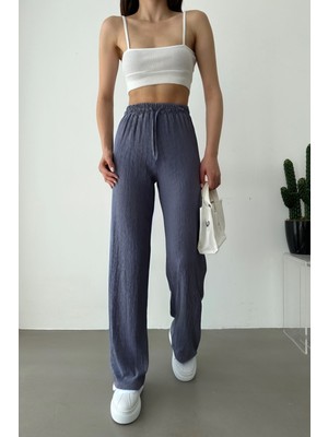 Yakamel Kadın Beli Lastikli Yazlık Dokulu Bürümcük Palazzo Pantolon