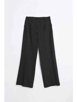 Robin Laura Çizgili Loose Fit Pantolon Siyah