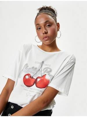 Koton Kiraz Baskılı T-Shirt Oversize Bisiklet Yaka Kısa Kollu Pamuklu