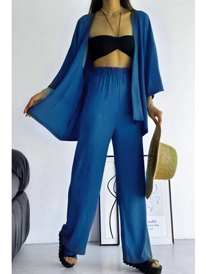 Yakamel Kadın Bol Paça Dökümlü  Palazzo Kimono Alt Üst Takım