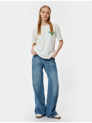 Koton Oversize T-Shirt Bisiklet Yaka Kolej Baskılı Kısa Kollu