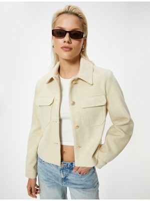 Koton Kaşe Kısa Ceket Gömlek Yaka Kapaklı Cep Detaylı Gold Düğmeli