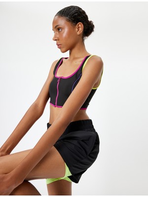 Koton Sporcu Sütyeni Fermuarlı Şerit Detaylı U Yaka Kaplı Slim Fit