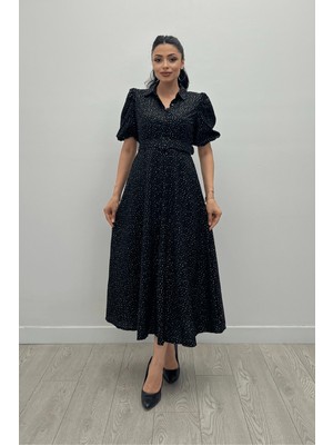 Giyimmasalı Cotton Kumaş Düğme Detaylı Gömlek Elbise - Siyah