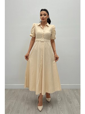 Giyimmasalı Cotton Kumaş Düğme Detaylı Gömlek Elbise - Krem