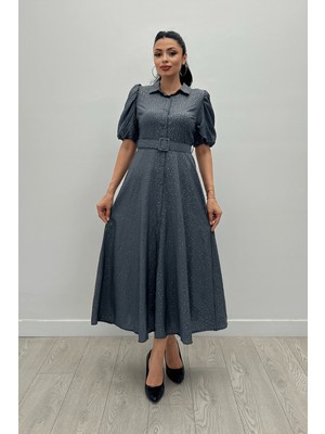 Giyimmasalı Cotton Kumaş Düğme Detaylı Gömlek Elbise - Gri