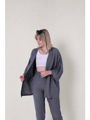 Yakamel Kadın  Salaş Bol Paça Bürümcük Palazzo Yazlık Kimono Alt Üst Takım