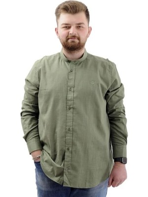 Superxl Büyük Beden Erkek Gömlek Uzun Kol Likralı Keten Gömlek U20385 Haki