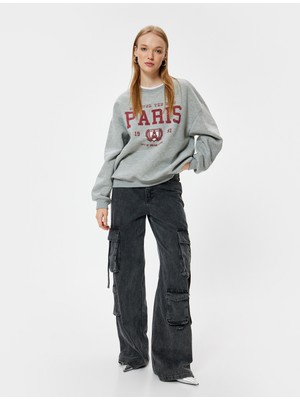 Koton Oversize Sweatshirt Bisiklet Yaka Kolej Baskılı Şardonlu Ribanalı