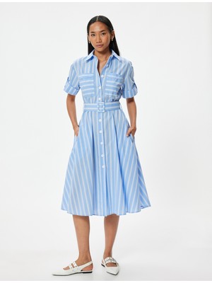 Koton Midi Boy Kloş Gömlek Elbise Oversize Kemer Detaylı Kısa Kollu Cepli