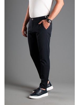 Zeki Özer Erkek Lacivert Beli Tokalı Keten Pantolon