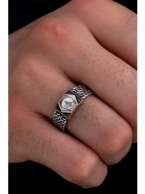 Erkek Gümüş Yüzük - Osmanlı Tuğrası Siyah Taşlı Gümüş Erkek Yüzüğü