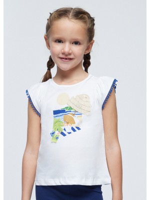 Mayoral Kız Çocuk Aplikeli Kısa Kollu Tişört Beyaz Lacivert 3096