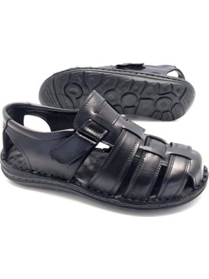 Derilax Hafif Erkek Sandalet Deri Malzeme ile Masajlı Konfor Sunar 45 Numara Siyah