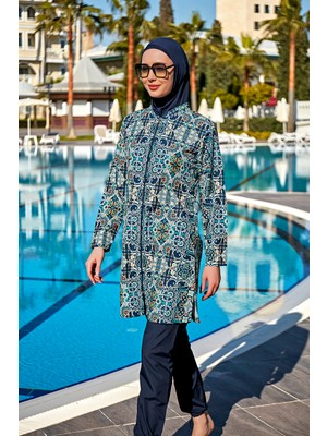 Remsa Mayo Remsa Tam Kapalı Tesettür Mayo Paraşüt Kumaş Desenli Kadın Mayo R122 Iznik