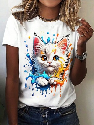 Alinn Butikk Kadın Kedi Baskılı Bisiklet Yaka Süprem T-Shirt