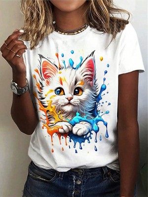 Alinn Butikk Kadın Kedi Baskılı Bisiklet Yaka Süprem T-Shirt