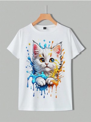 Alinn Butikk Kadın Kedi Baskılı Bisiklet Yaka Süprem T-Shirt