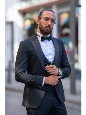 Sardınelli Erkek Slim Fit Yaka Detaylı Smokin Siyah