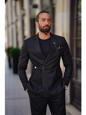 Sardınelli Tek Yaka Düğme Detay Slim Fit Takım Elbise Siyah