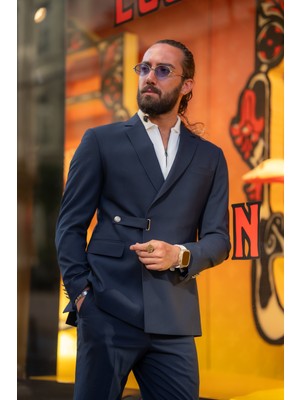 Sardınelli Tek Yaka Düğme Detay Slim Fit Takım Elbise Lacivert