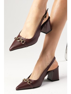 Mio Gusto Elvin Bordo Renk Sivri Burunlu Zincir Aksesuarlı Topuklu Ayakkabı