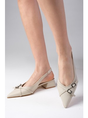Mio Gusto Leia Bej Renk Arkası Açık Sivri Burunlu Kısa Topuklu Kadın Ayakkabı