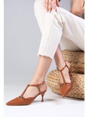 Mio Gusto Melissa Taba Renk Arkası Açık Bantlı Kadın Topuklu Ayakkabı