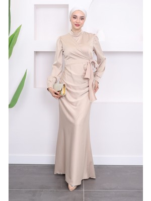 Bej Ön Detaylı Drapeli Saten Abiye