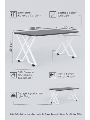 Efelez Design Milano Tekerlekli Orta Sehpa Siyah Metal