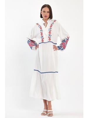 Deseo Boutique Kadın Kaneviçe Işleme Detaylı Nakışlı Uzun Kollu Uzun Boy Tesettür Elbise