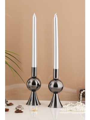 TR Turan Collection Pare 2'li Şamdan Seti Küçük Platin Renk Dekoratif Metal Mumluk