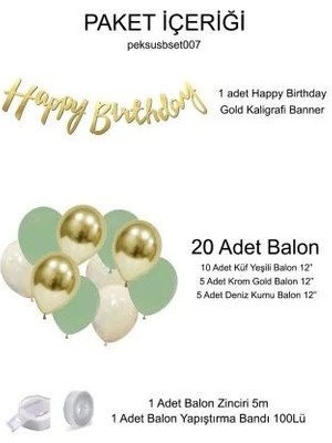 Küf Yeşili Deniz Kumu Krom Gold Konsept Renkler Doğum Günü Balon Zinciri Happy Birthday Banner