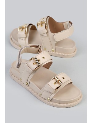 Shoetek Tarisa Kadın Sandalet Bantlı Tokalı Bej Deri