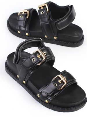 Shoetek Tarisa Kadın Sandalet Bantlı Tokalı Siyah Deri