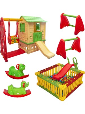 Mega Oyun Seti - Kaydıraklı Salıncaklı Oyun Evi + Top Havuzu Seti + Futbol Kalesi + 2 Sallanan Fil