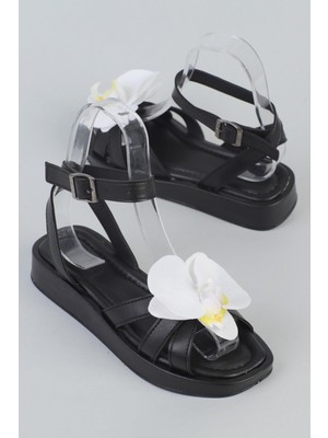 Shoetek Ellisa Kadın Sandalet  Çapraz Bantlı Çiçekli Siyah Deri
