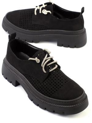 Shoetek Slade Kadın Babet Taşlı Bağcıklı Ayakkabı Siyah Nubuk