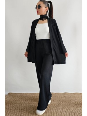 Yakamel Kadın Dökümlü Bürümcük Yazlık Uzun Kol Palazzo Trend Kimono Alt Üst  Takım